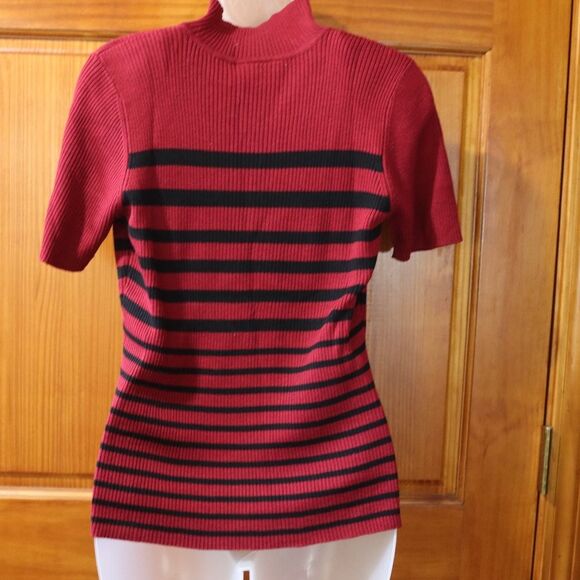 Preview Red & Black Stripe Knit Vintage Top w Shoulder Pads Wool Silk Medium - Picture 11 of 16
